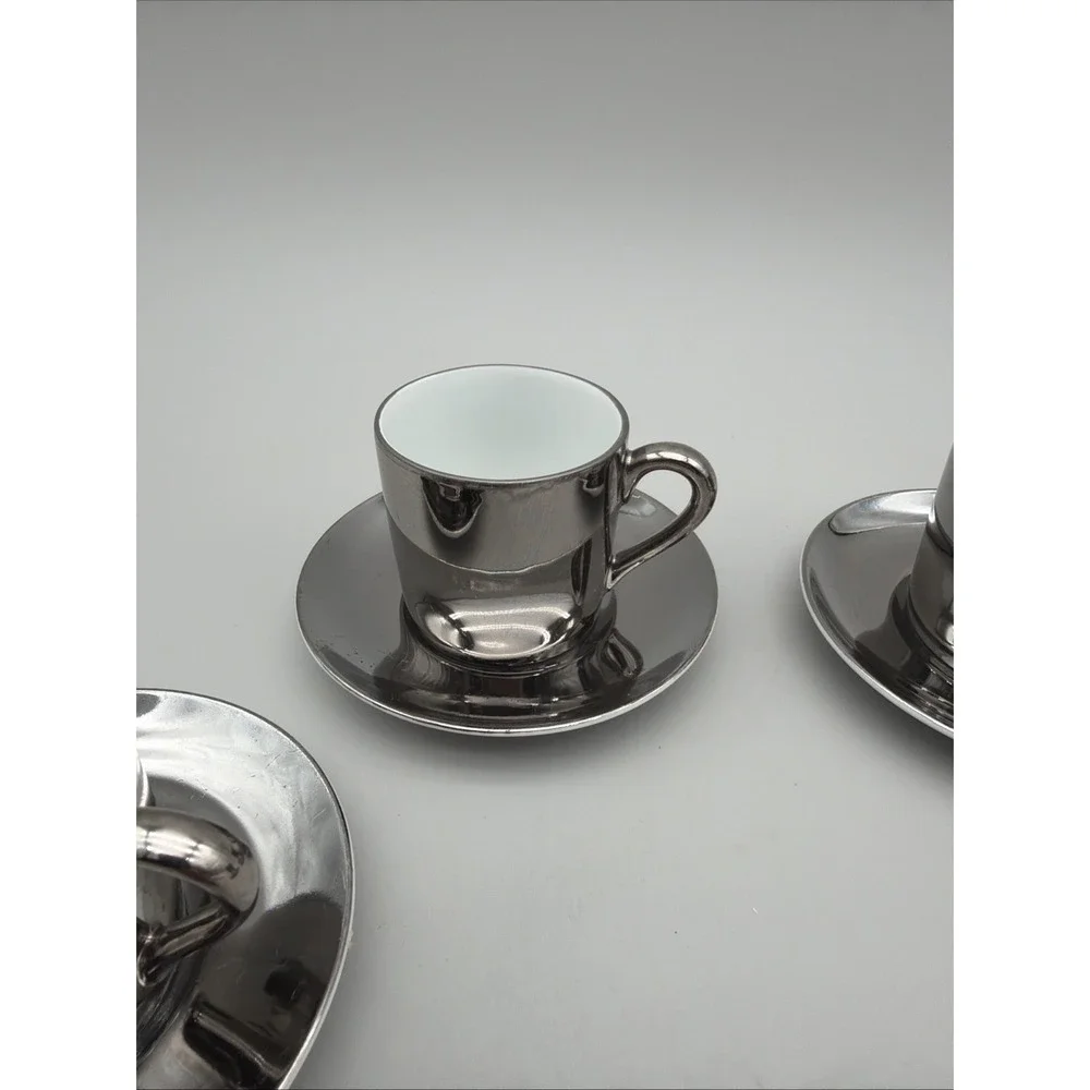 Fitz & Floyd Silver Demitasse Espresso Cups & Saucers Set 4 FF Stamp